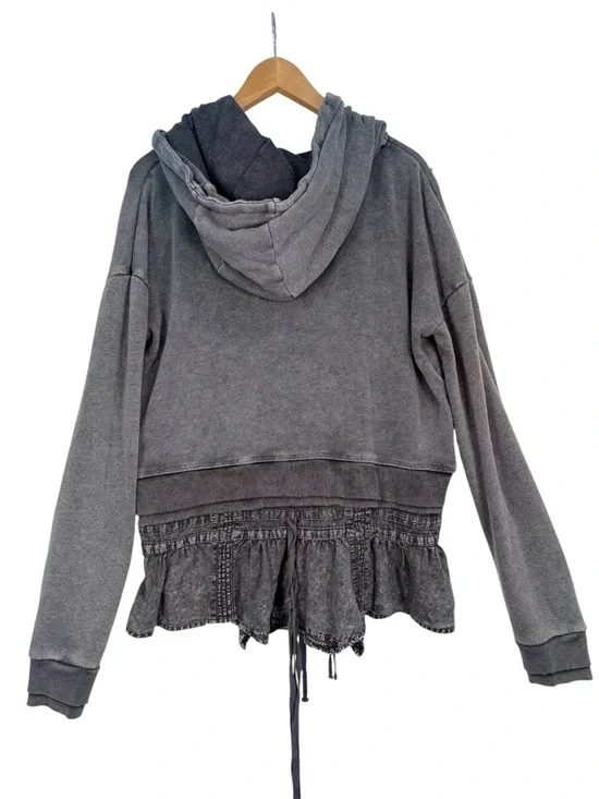 Free People When Worlds Meet Hoodie Large Gray Black Distressed Zip Sweatshirt - Picture 3 of 15